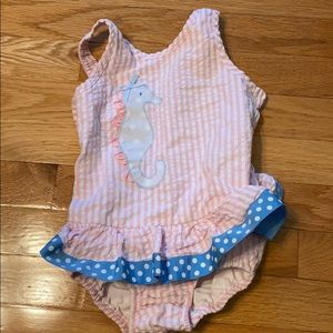 Seersucker seahorse appliqué swimsuit